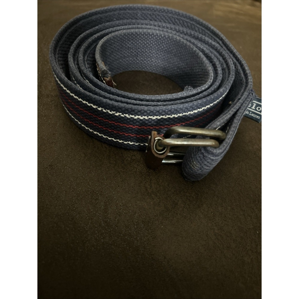 Vintage Polo Ralph Lauren D ring belt 58 inches long blue, Red , leather ends